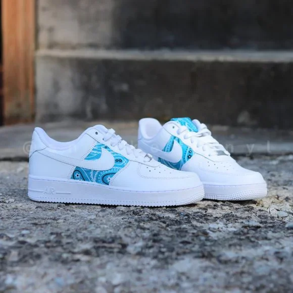 Nike Air Force 1 Low Aqua Blue Bandana Custom NWT - Picture 4 of 9